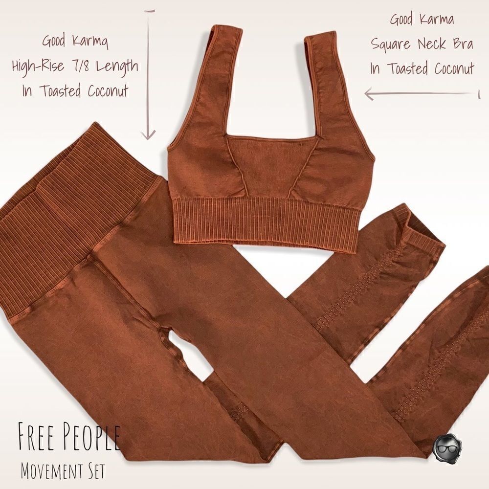 FP MOVEMENT GOOD KARMA SET: BRA + LEGGINGS TOASTED COCONUT WOMEN SIZE XS/S, M/L